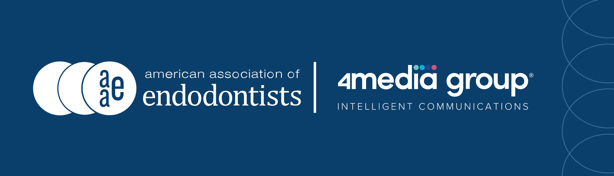 White logos of the American Association of Endodontists and 4media group on a blue background with a white spiral on the right and left