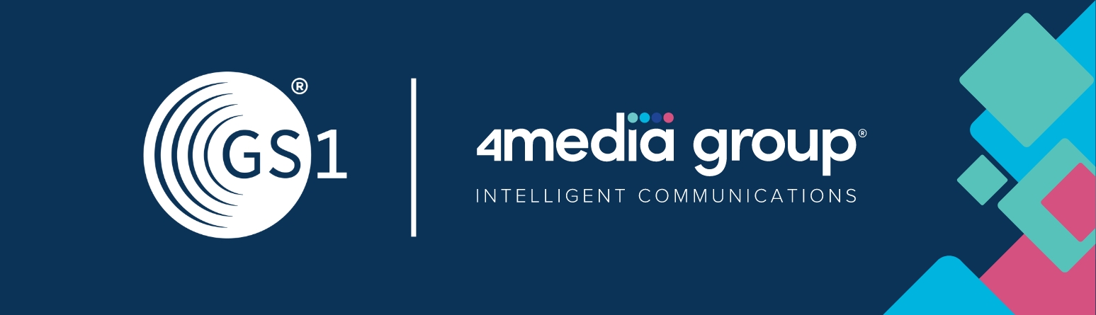 White logos of the GS1 and 4media group on a blue background with a white spiral on the right and left