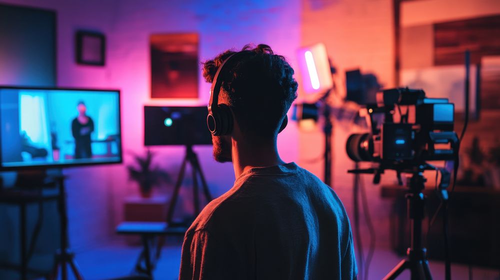 Young influencers livestreaming in a modern studio setup with professional lighting and equipment